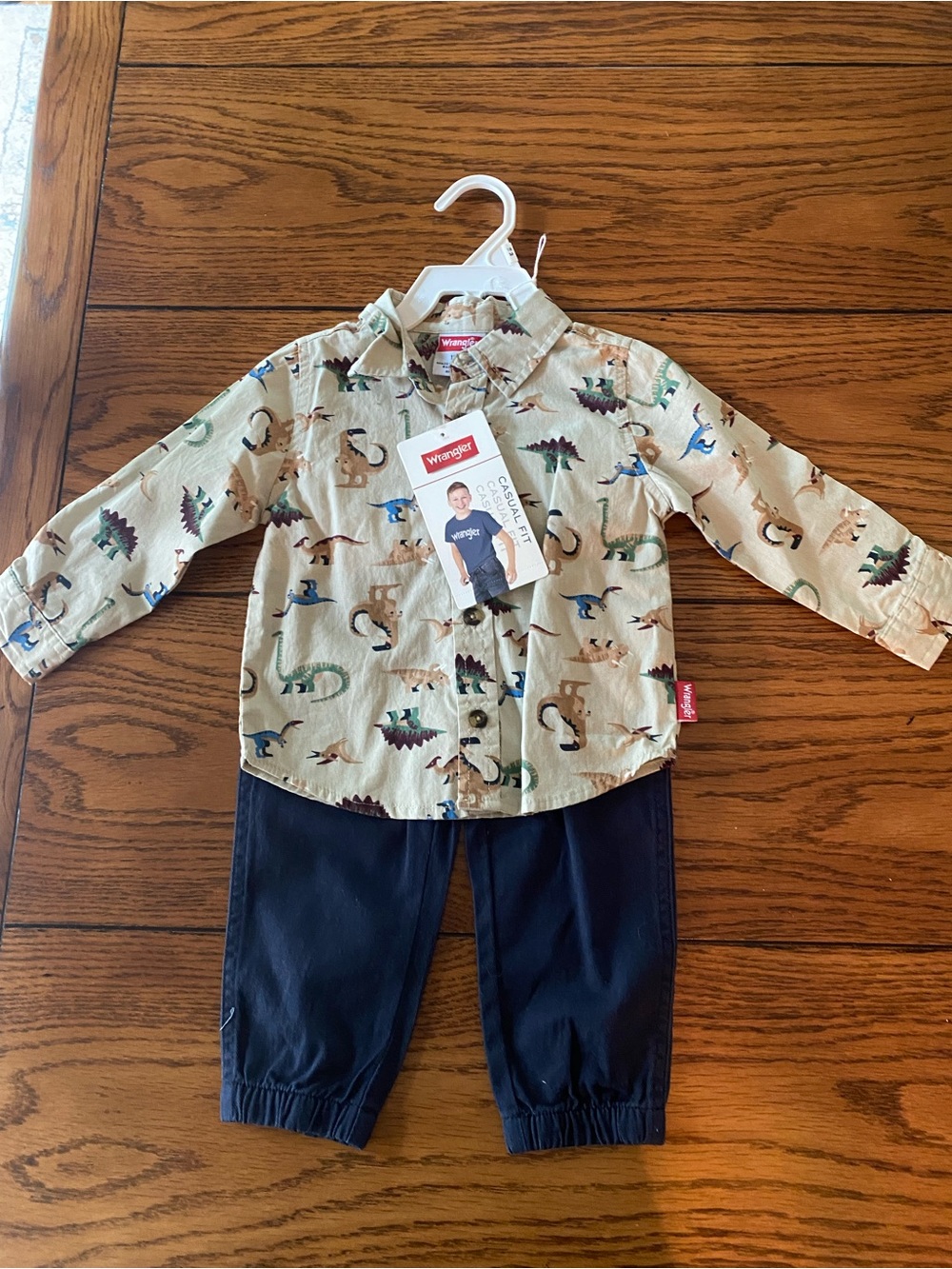Wrangler Tan Button-Up Shirt with Multicolor Dino Print